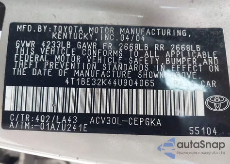 2004 Toyota Camry Xle из США, поврежденный, VIN 4T1BE32K44U904065